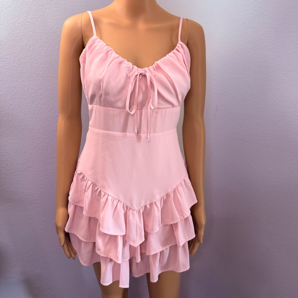One Clothing Pink Ruffle Tiered Mini Dress Cutout Back K9297-HD17 Medium